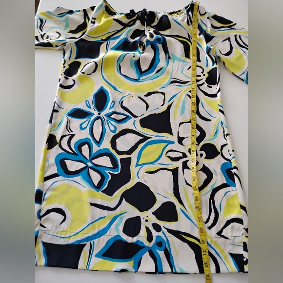 Banana Republic Silk Dress Abstract Floral Navy Blue Yellow Shift Tropical Sz M - Picture 14 of 15